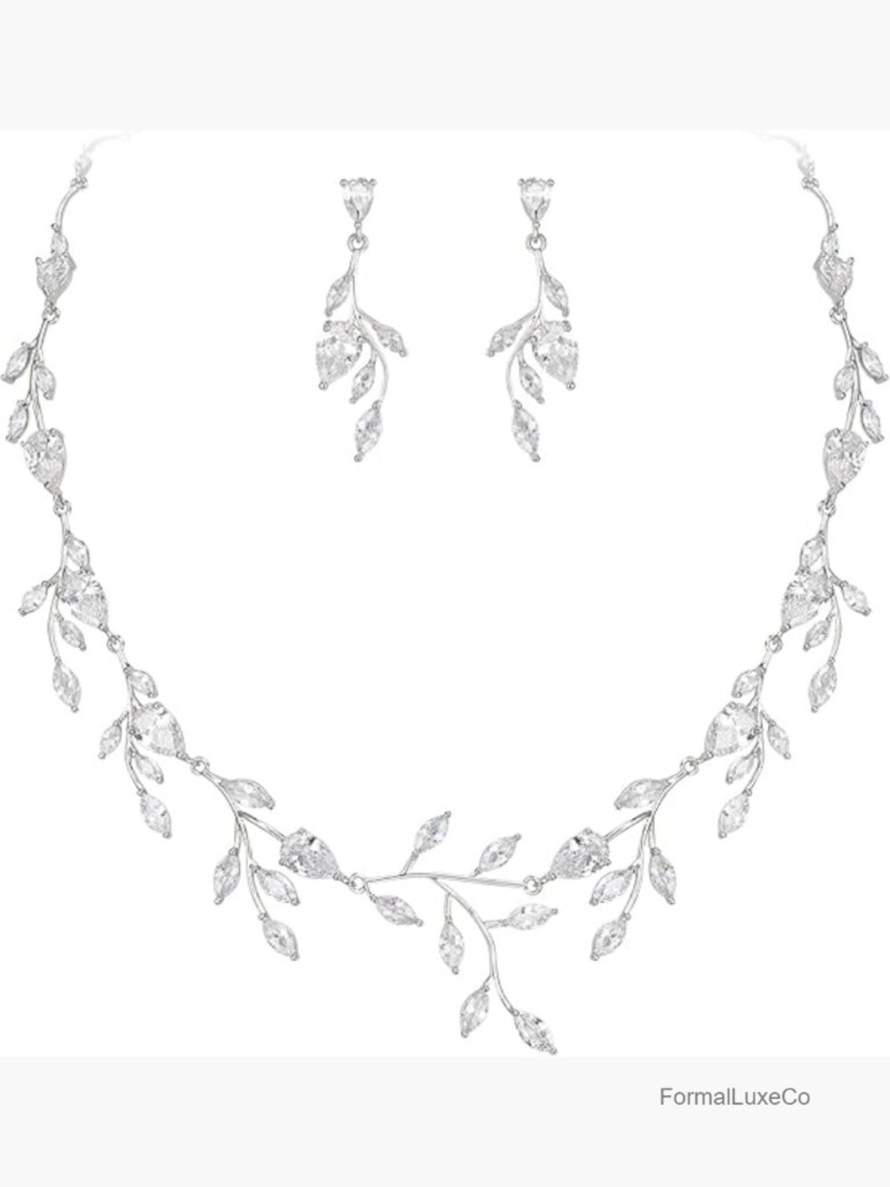 Pear Cubic Zirconia Leaf Necklace Earrings Set Bridal Jewelry